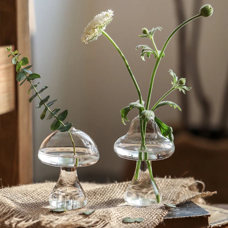 Mushroom Glass Flower Vase Hydroponic Transparent Flower Terrarium Flower Bottle Desktop Decor Glass Pot Aromatherapy Bottle