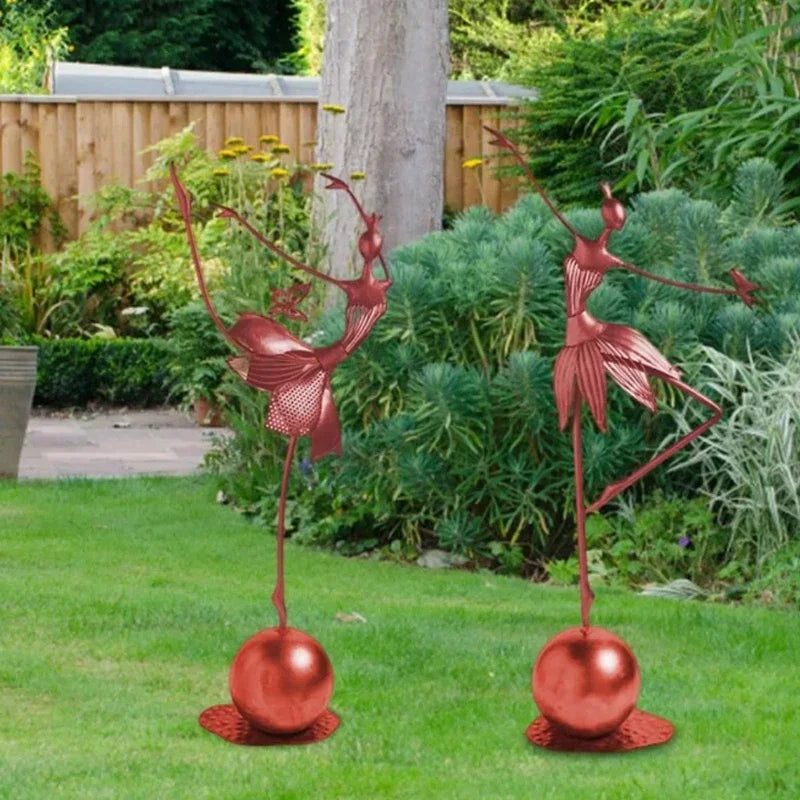 Sculpture de fille de Ballet en métal, Statue de jardin, ornements créatifs verticaux en métal or/rouge, ornements de danse pour fille, artisanat décoratif