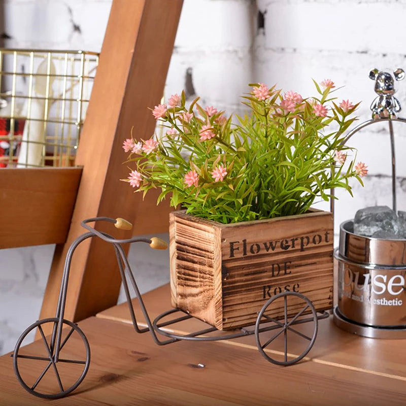 Pequeno vaso de flores em forma de bicicleta de madeira de arte em ferro, suporte de flores retrô, vaso de flores, suculentas, plantador, quintal, decoração de jardim, artesanato