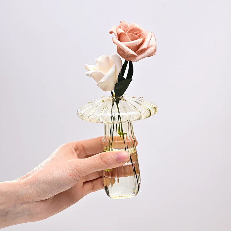 Mushroom Glass Flower Vase Hydroponic Transparent Flower Terrarium Flower Bottle Desktop Decor Glass Pot Aromatherapy Bottle