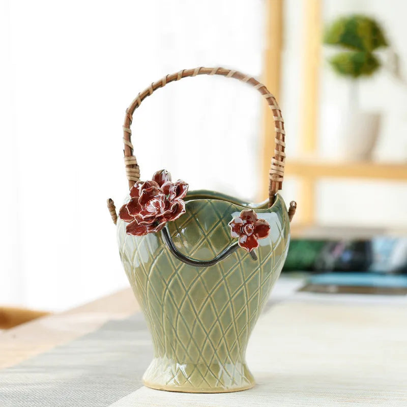 Rattan Hand Flower Basket Vase Succulent Plant Pots Flowerpot Stoneware Basket Garden Yard Decorative Accessories Vases Pots