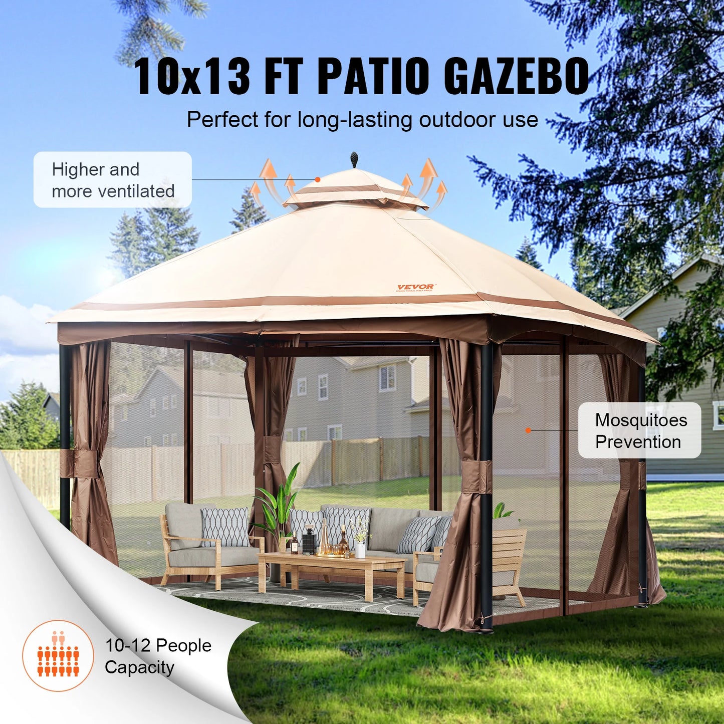 VEVOR 11x11ft/10x10ft/10x13ft Portable Gazebo PU Coated 250D Garden Market Waterproof Collapsible Canopy Party Tent for Outdoor