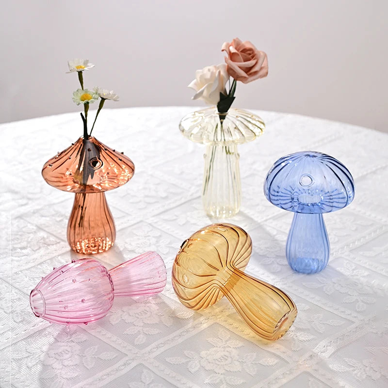 Mushroom Glass Flower Vase Hydroponic Transparent Flower Terrarium Flower Bottle Desktop Decor Glass Pot Aromatherapy Bottle