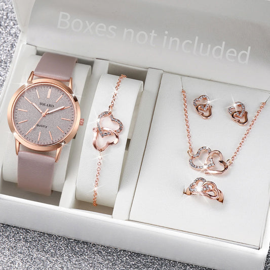 5PCS/Set Fashion Matte Dial Women Watches Diamond Heart Jewelry Set Casual Leather Band Quartz Watch（Without Box）