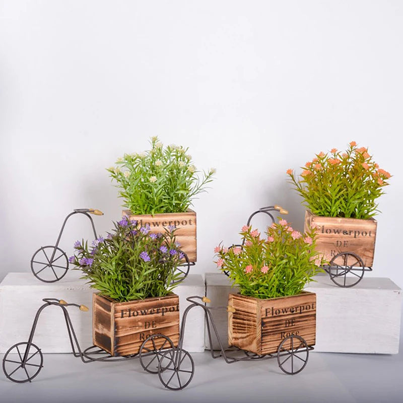 Pequeno vaso de flores em forma de bicicleta de madeira de arte em ferro, suporte de flores retrô, vaso de flores, suculentas, plantador, quintal, decoração de jardim, artesanato