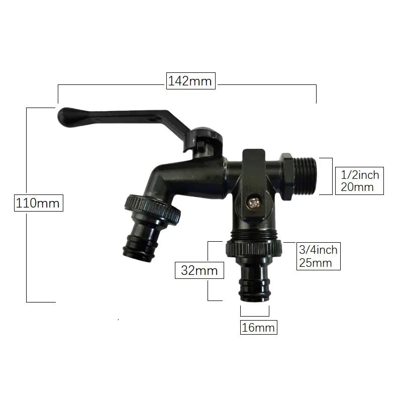 Outdoor Garden Brass Water Faucet Tap Anti-Freeze Bibcocks with Hose Connector Dual Outlet for Washing Machine