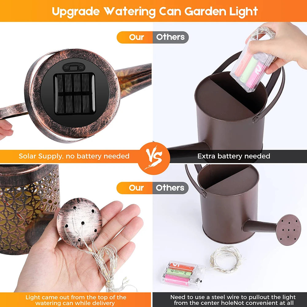 Solar Watering Can Light Hanging Kettle Lantern Light Waterproof Garden Decor Metal Retro Lamp for Outdoor Table Patio Lawn YarD