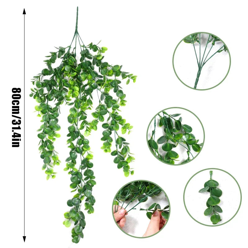 3pcs Artificial Hanging Plants Fake Wall Hanging Eucalyptus Plants UV Resistant Plastic Plant Indoor Outdoor Garden Room Decor