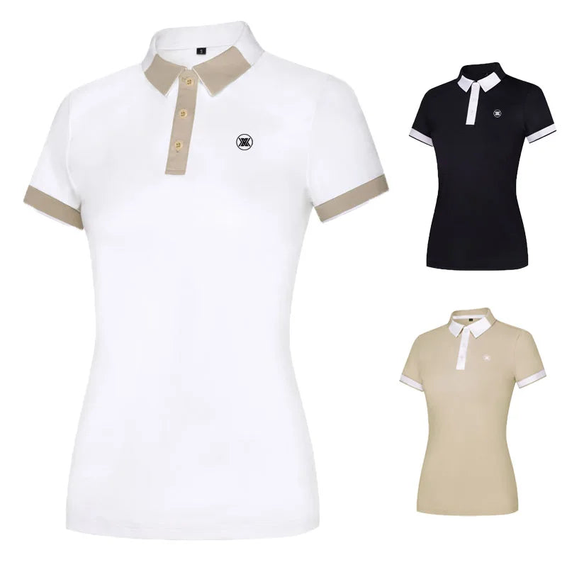 2024 Camisa de golfe feminina de manga curta, lapela, polo, elástica, respirável, tênis, roupas femininas, camiseta de alta qualidade, roupa de golfe